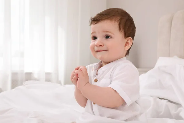 Cute Baby Boy Bed Home — Stock Photo, Image