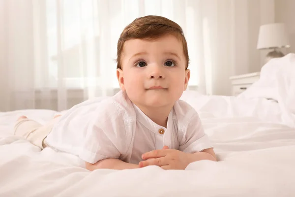 Cute Baby Boy Bed Home — Stock Photo, Image