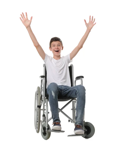 Emocional Adolescente Menino Cadeira Rodas Fundo Branco — Fotografia de Stock