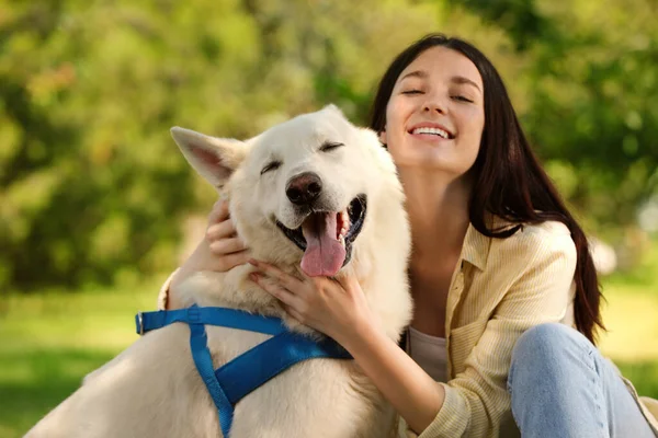 Genç Kız Parkta Beyaz Sviçreli Çoban Köpeğine Sarılıyor — Stok fotoğraf