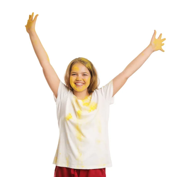 Девушка Подросток Покрытая Желтым Порошком Красителя Белом Фоне Праздник Холи — стоковое фото