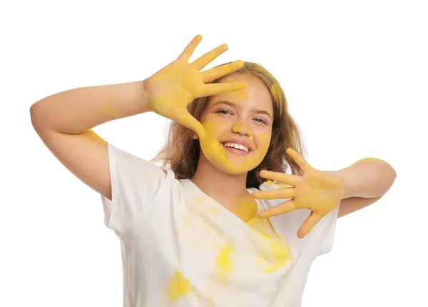 Menina Adolescente Coberta Com Tintura Amarelo Fundo Branco Celebração Festival — Fotografia de Stock