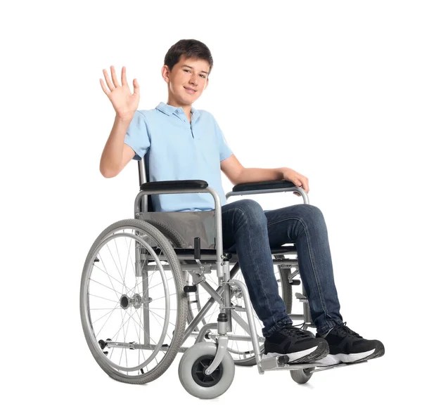 Подросток Инвалидной Коляске Белом Фоне — стоковое фото