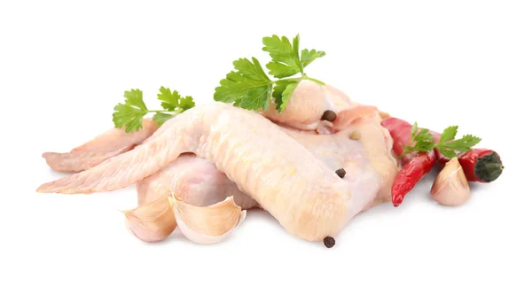 Raw Chicken Wings Spices Parsley White Background — Stock Photo, Image