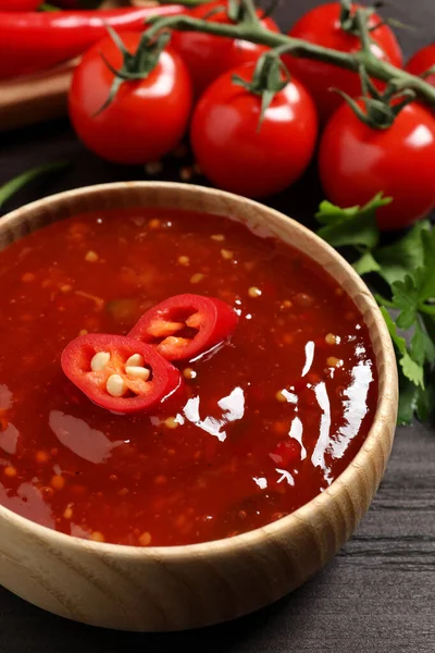 Spicy Chili Sauce Bowl Wooden Table Closeup — Stock Photo, Image