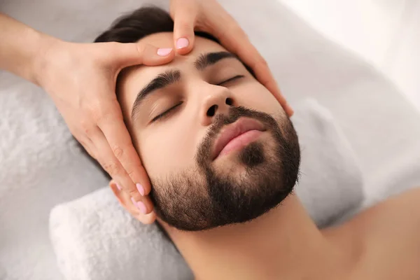 Young Man Receiving Facial Massage Beauty Salon Closeup — Stock Photo, Image