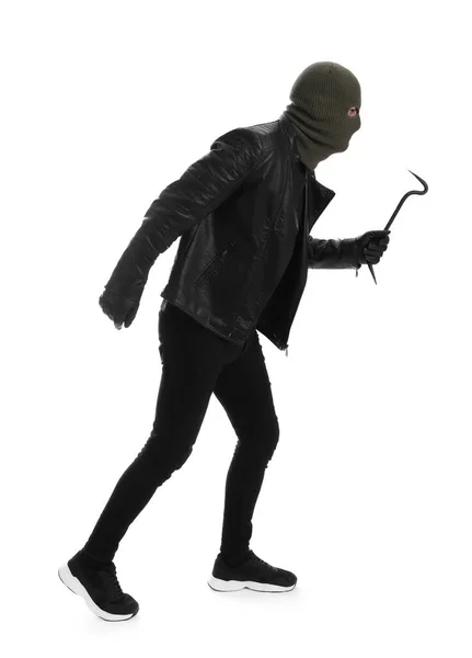 Man Bär Stickad Balaclava Med Kofot Vit Bakgrund — Stockfoto