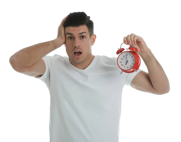 Hombre Emocional Con Despertador Sobre Fondo Blanco Llegar Tarde Por — Foto de Stock