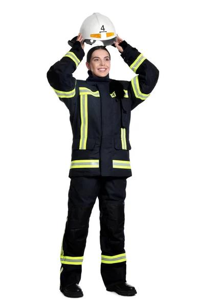 Портрет Пожежника Уніформі Шоломі Білому Тлі — стокове фото