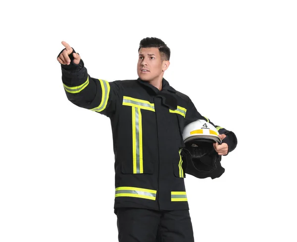 Porträt Eines Feuerwehrmannes Uniform Mit Helm Auf Weißem Hintergrund — Stockfoto