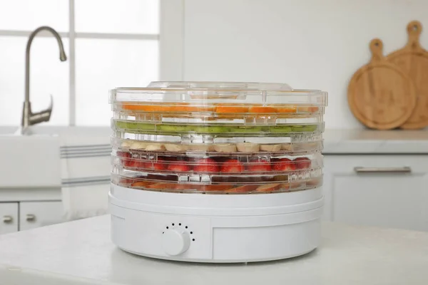Dehydrator Machine Different Fruits Berries White Table Kitchen — Stock Photo, Image