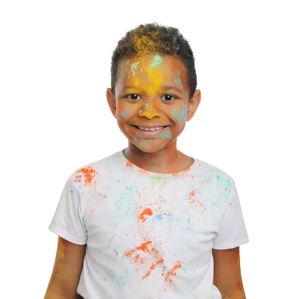 Niño Afroamericano Cubierto Coloridos Tintes Polvo Sobre Fondo Blanco Fiesta — Foto de Stock