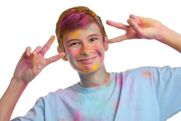 Niño Adolescente Cubierto Coloridos Tintes Polvo Sobre Fondo Blanco Fiesta — Foto de Stock
