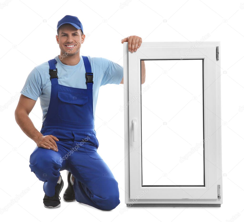 Worker with plastic window on white background. Installation service