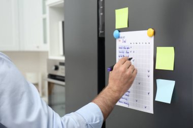 Adam mutfaktaki buzdolabının listesini istiyor, yakın plan.