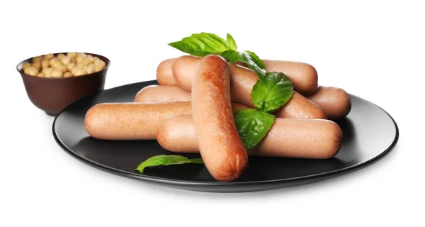 Delicious Vegetarian Sausages Basil Soybeans White Background — Stock Photo, Image