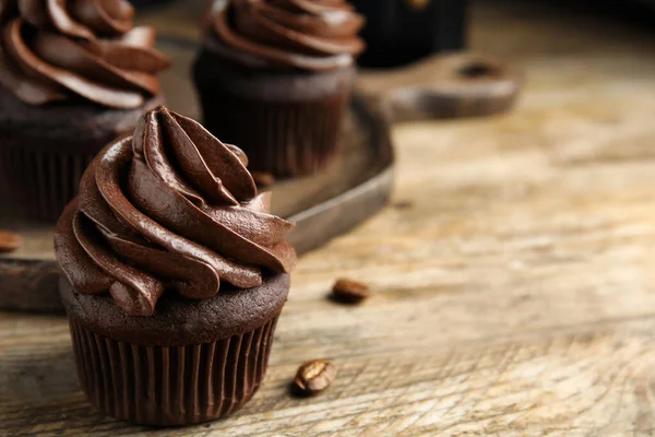Delicious Chocolate Cupcake Cream Wooden Table Closeup Space Text — Stock Photo, Image
