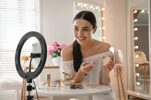 Beauty Blogger Makeup Product Recording Video Dressing Room Home Using — Stock Photo, Image