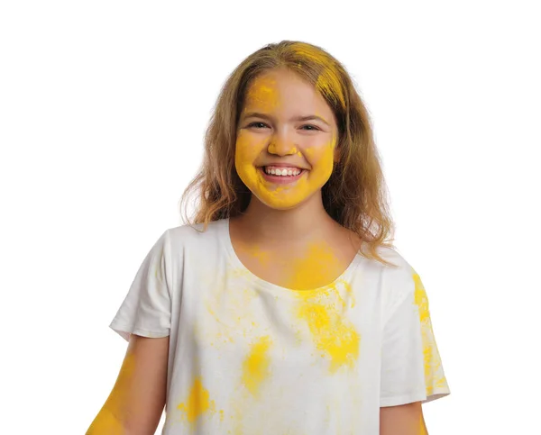 Chica Adolescente Cubierta Con Tinte Polvo Amarillo Sobre Fondo Blanco — Foto de Stock