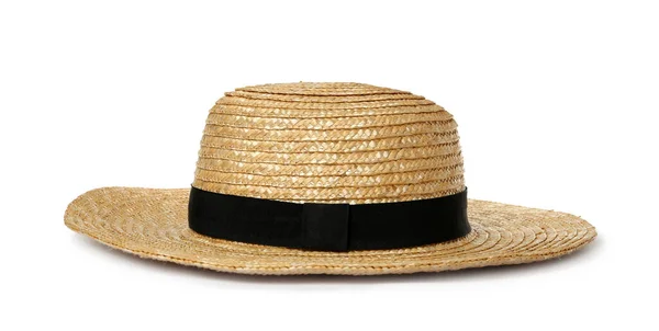 Κομψό Ψάθινο Καπέλο Που Απομονώνεται Στο Λευκό Αξεσουάρ Παραλίας — Φωτογραφία Αρχείου