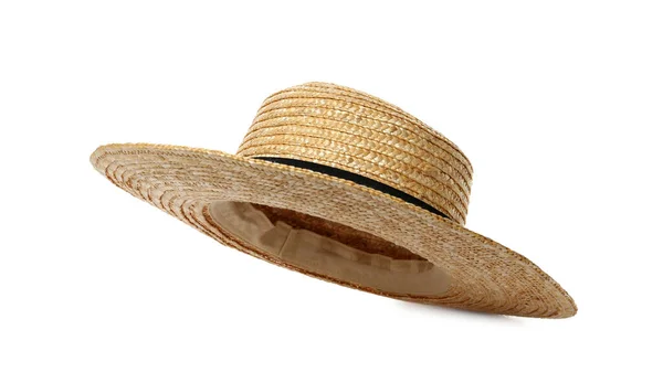 Κομψό Ψάθινο Καπέλο Που Απομονώνεται Στο Λευκό Αξεσουάρ Παραλίας — Φωτογραφία Αρχείου