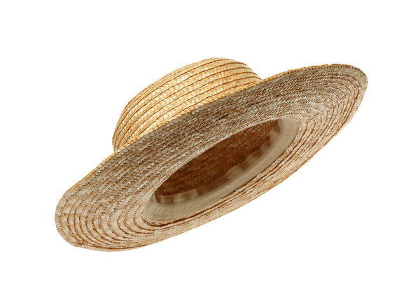 Stylish straw hat isolated on white. Beach accessory
