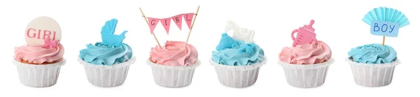 Uppsättning Dekorerade Baby Shower Muffins Med Blå Och Rosa Grädde — Stockfoto