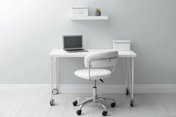 Stylish Workplace Laptop Comfortable Chair White Wall Indoors Interior Design — Stock Photo, Image