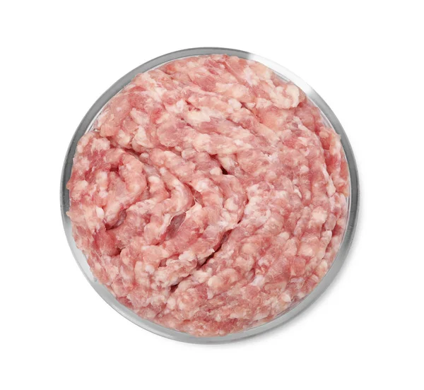 Placa Petri Com Carne Crua Picada Cultivada Fundo Branco Vista — Fotografia de Stock