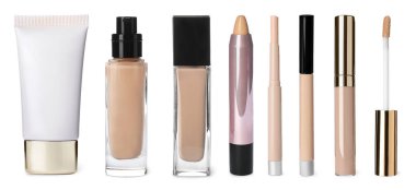 Beyaz arka planda farklı dekoratif kozmetik ürünleri ile set. Pankart tasarımı