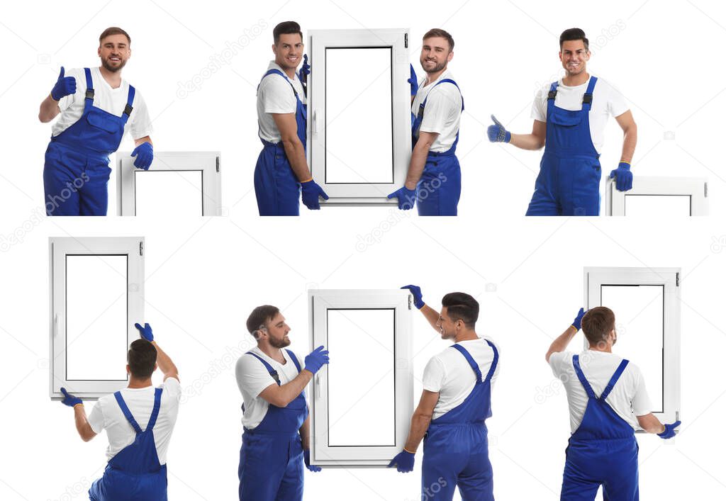 Workers with plastic window on white background, collage. Installation service