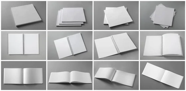 Open Blank Brochures Grey Background Collage Banner Design — Stock Photo, Image