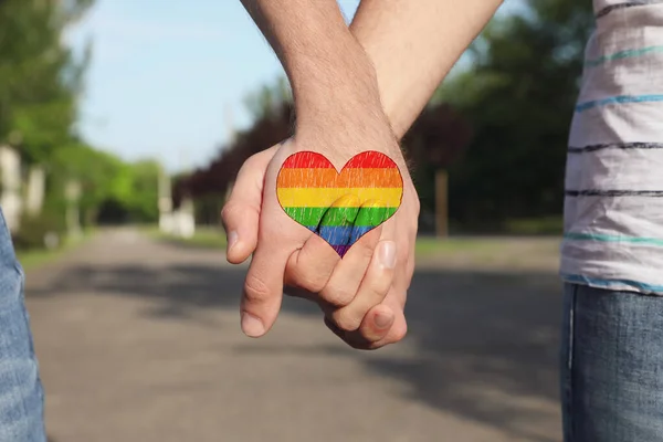 Gay Couple Holding Hands Together Park Sunny Day Closeup — Stock Photo, Image