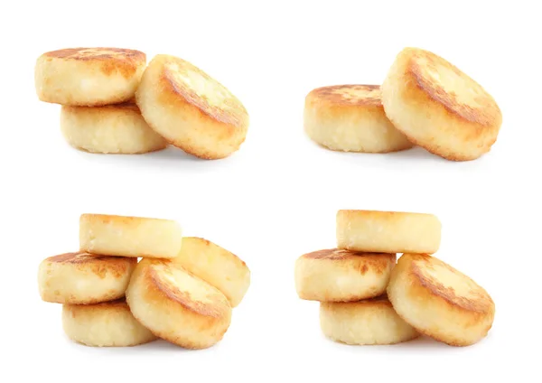 Set Mit Leckeren Quark Pfannkuchen Auf Weißem Hintergrund — Stockfoto