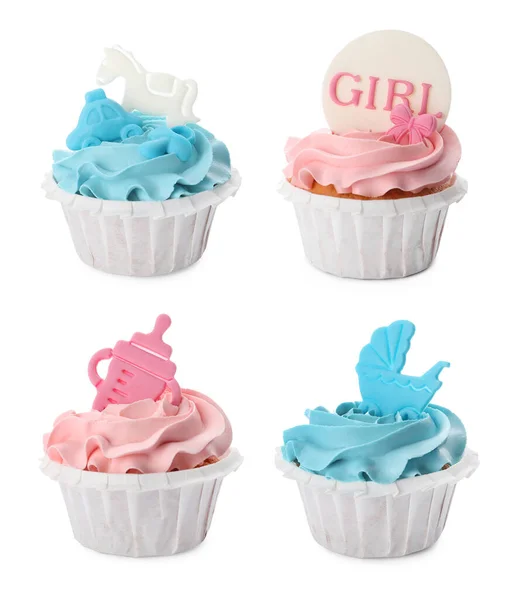 Set Med Dekorerade Baby Shower Muffins Med Blå Och Rosa — Stockfoto