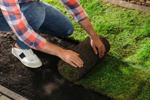 Giovane Che Posa Erba Zolle Terra Cortile Primo Piano — Foto Stock