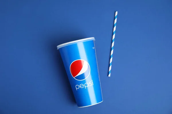 Mykolaiv Ukraine June 2021 Paper Pepsi Cup Straw Blue Background — 스톡 사진