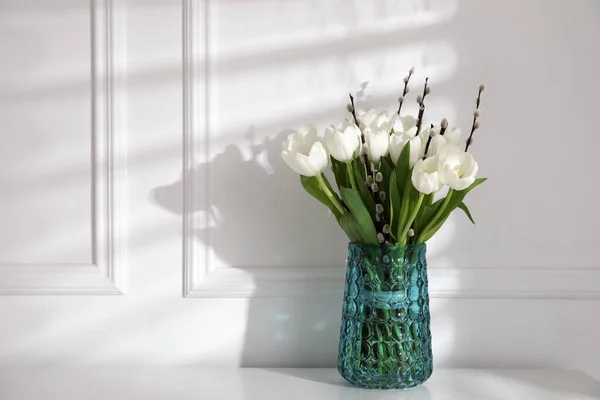 Beautiful Bouquet Willow Branches Tulips Vase White Wall Space Text — Stock Photo, Image