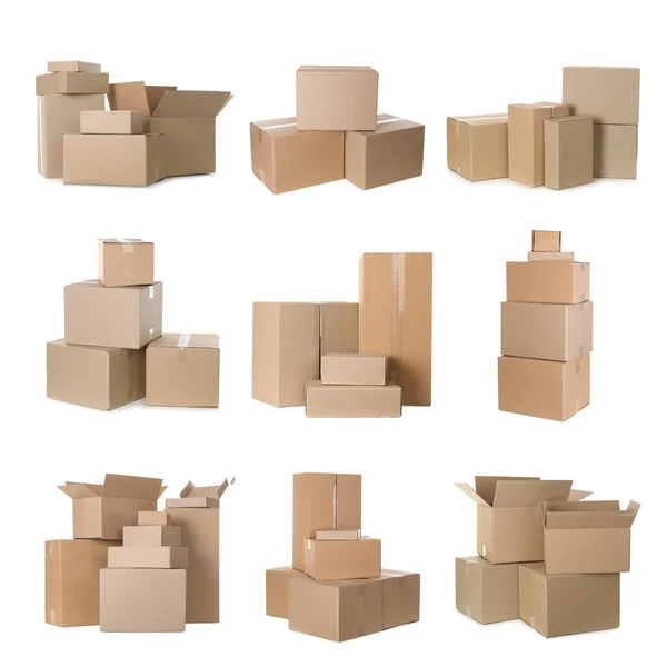 Набір Різними Картонними Коробками Білому Тлі — стокове фото
