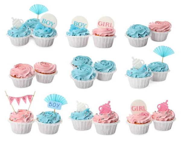 Készlet Díszített Baba Zuhany Cupcakes Kék Rózsaszín Krém Fehér Háttér — Stock Fotó