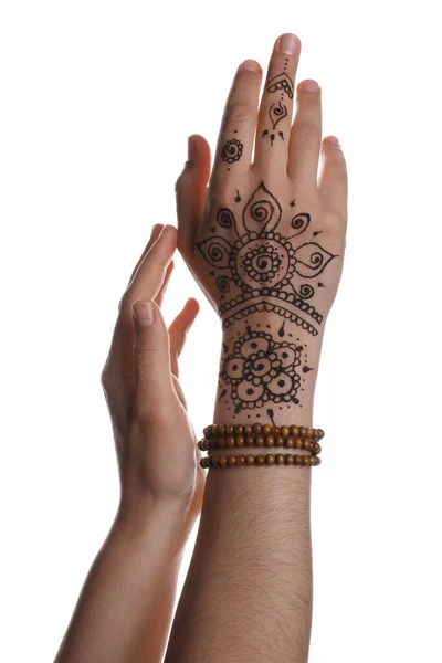Mujer Con Hermoso Tatuaje Henna Mano Sobre Fondo Blanco Primer — Foto de Stock