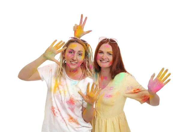 Femmes Couvertes Colorants Poudre Colorés Sur Fond Blanc Holi Célébration — Photo