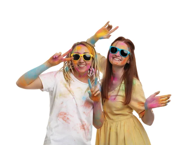 Femmes Couvertes Colorants Poudre Colorés Sur Fond Blanc Holi Célébration — Photo