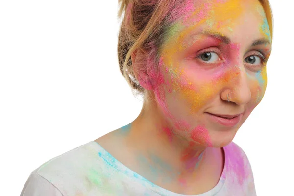 Femme Recouverte Colorants Poudre Colorés Sur Fond Blanc Holi Célébration — Photo