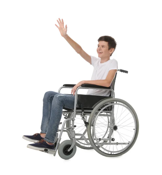 Teen Boy Rollstuhl Auf Weißem Hintergrund — Stockfoto