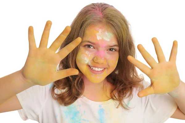 Adolescente Couverte Colorants Poudre Colorés Sur Fond Blanc Holi Célébration — Photo