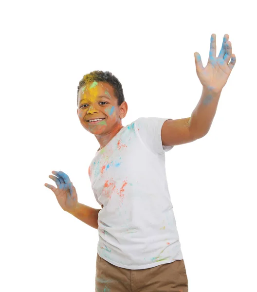 Afroamerikansk Pojke Täckt Med Färgglada Pulver Färgämnen Vit Bakgrund Holi — Stockfoto