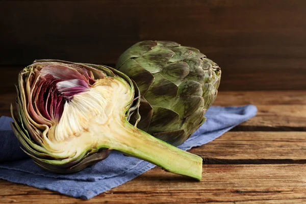 Cut Whole Fresh Raw Artichokes Wooden Table — Stock Photo, Image