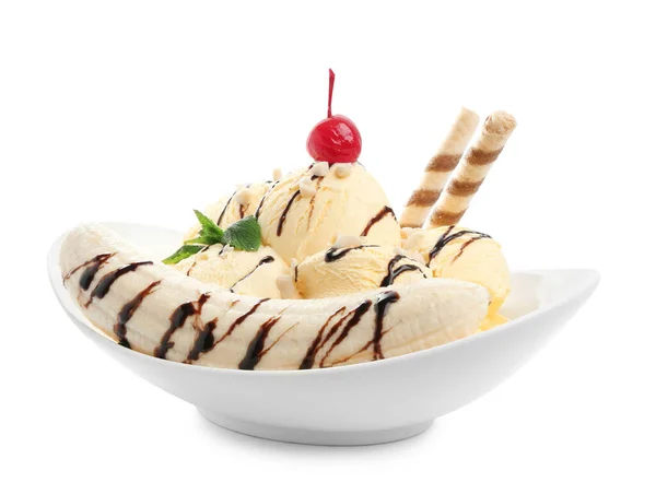 Delicious dessert with banana ice cream on white background