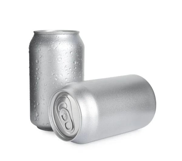 Aluminium Blikjes Drank Witte Ondergrond — Stockfoto